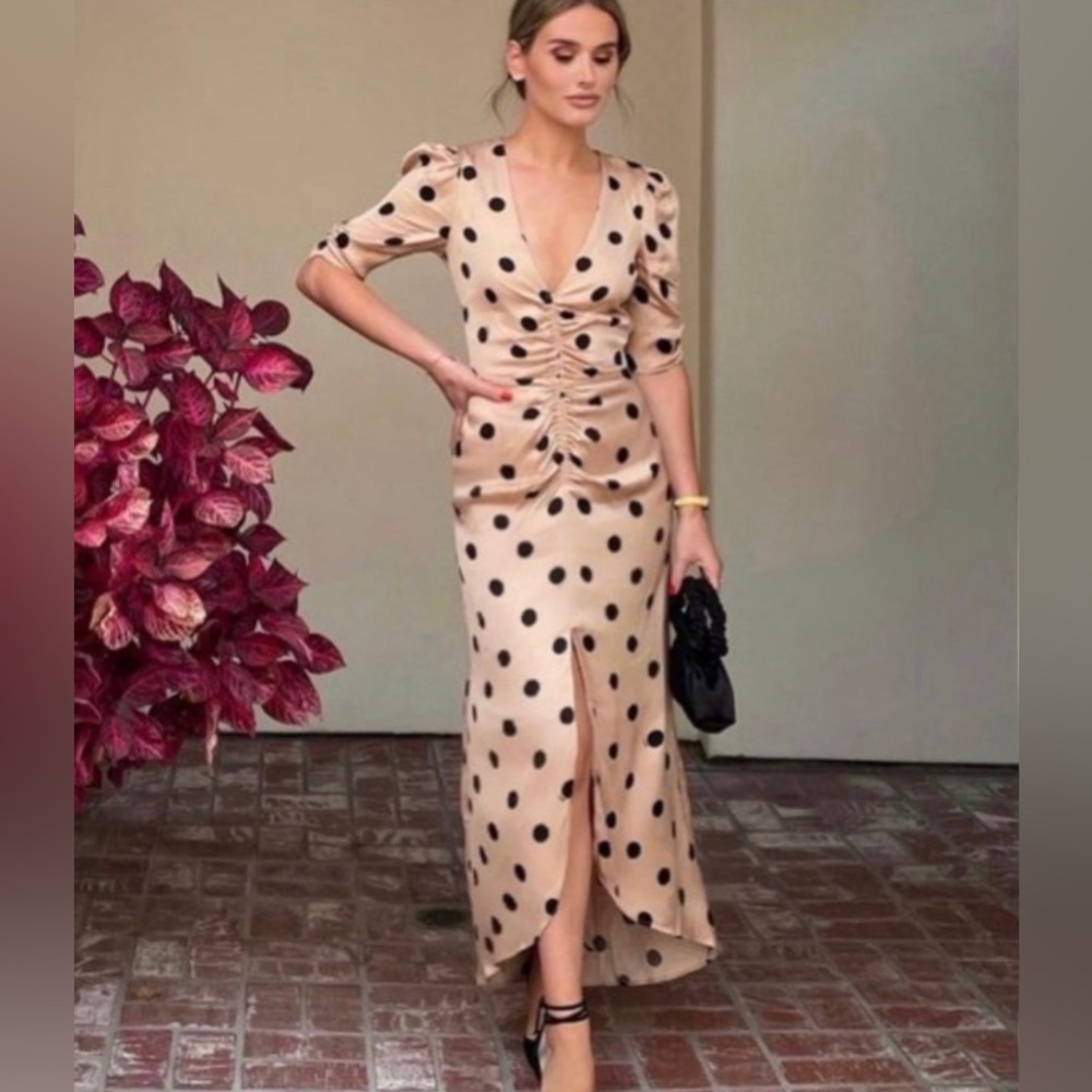 AFRM || suki ruched polka dot midi dress